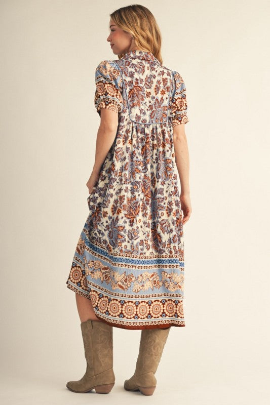 Olivia Boho Floral Smocked Yoke Midi Dress