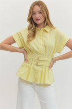 Poppy Button Down Top with Belted Detail at Waist- Lemon