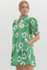 Green Floral Puff Sleeve Mini Dress