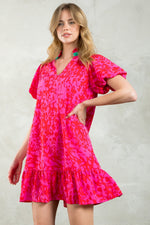 THML Pink Floral Puff Sleeve Mini Dress with Green Contrast Collar and Ruffle Hem