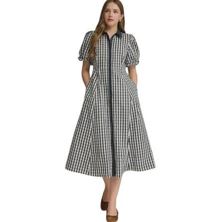 Gingham Collared Button Down Midi with Side Pockets- Navy