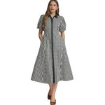Gingham Collared Button Down Midi with Side Pockets- Navy