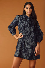 DENIM FLORAL JACQUARD DRESS WITH NECK TIE