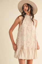 Bubble Hem Embellished Mixed Media Mini Dress - Creamy Blush