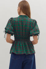 Green Plaid Front Zip Peplum Top