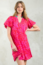 THML Pink Floral Puff Sleeve Mini Dress with Green Contrast Collar and Ruffle Hem