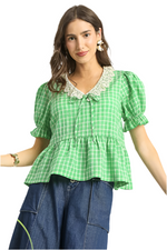 Vintage Peplum Light Green Top with Crochet Lace Collar