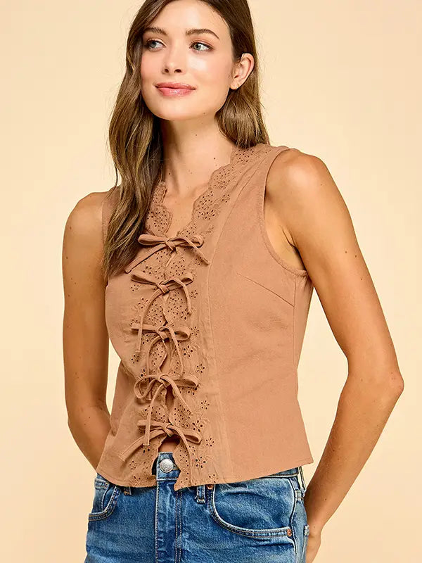 Mocha Eyelet Front Tie Top