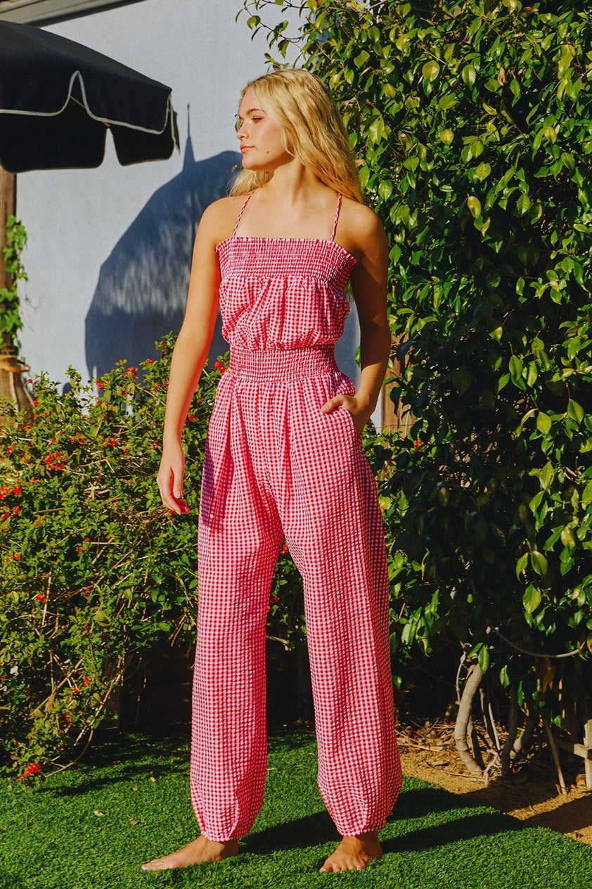 RED GINGHAM OPEN TIE-BACK JUMPSUIT with SIDE POCKETS by Bucketlist