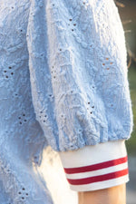 Voy Stripe Trim Floral Eyelet Polo Top- Blue/Red