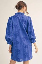 BUTTON DOWN 3D FLORAL DRESS- ROYAL