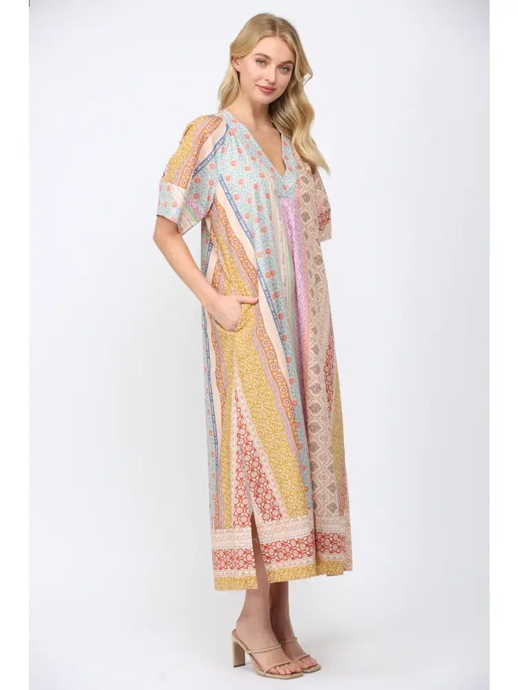 Patchwork Print Kaftan Style Dress By FATE