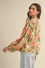 FLORAL RUCHED BUTTON DOWN BLOUSE