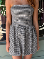 Black and White Gingham Strapless Bubble Mini Dress with Tie Back
