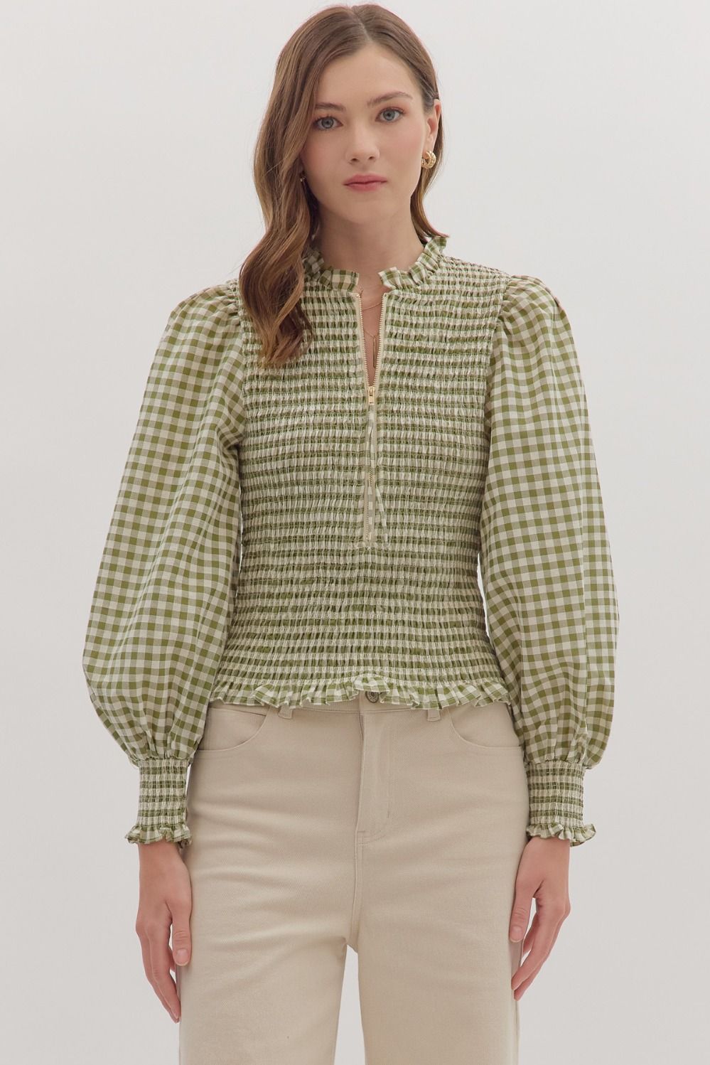 Olive Gingham Smocked Bodice Zip Front Top
