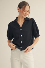Gigi Super Soft Gold Button Detail Collared Top- Black