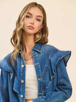 Harley Oversized Ruffle Yoke Collared Neckline Denim Top/Jacket with Gold Button
