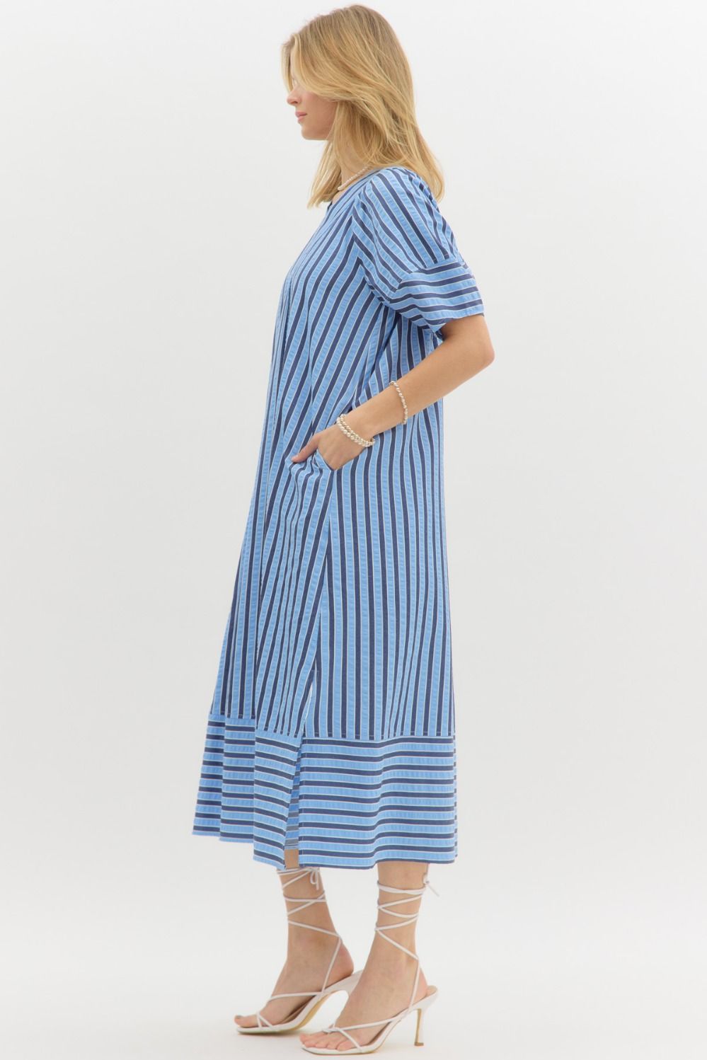 Light Blue V Neck Stripe Midi Dress