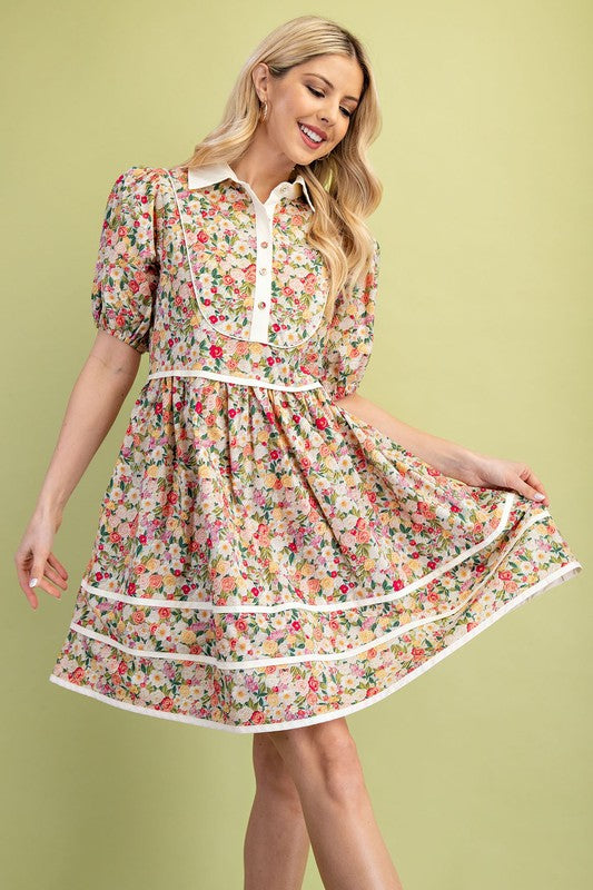 Vintage Floral Half Button Detail Mini Dress with White Piping Contrast