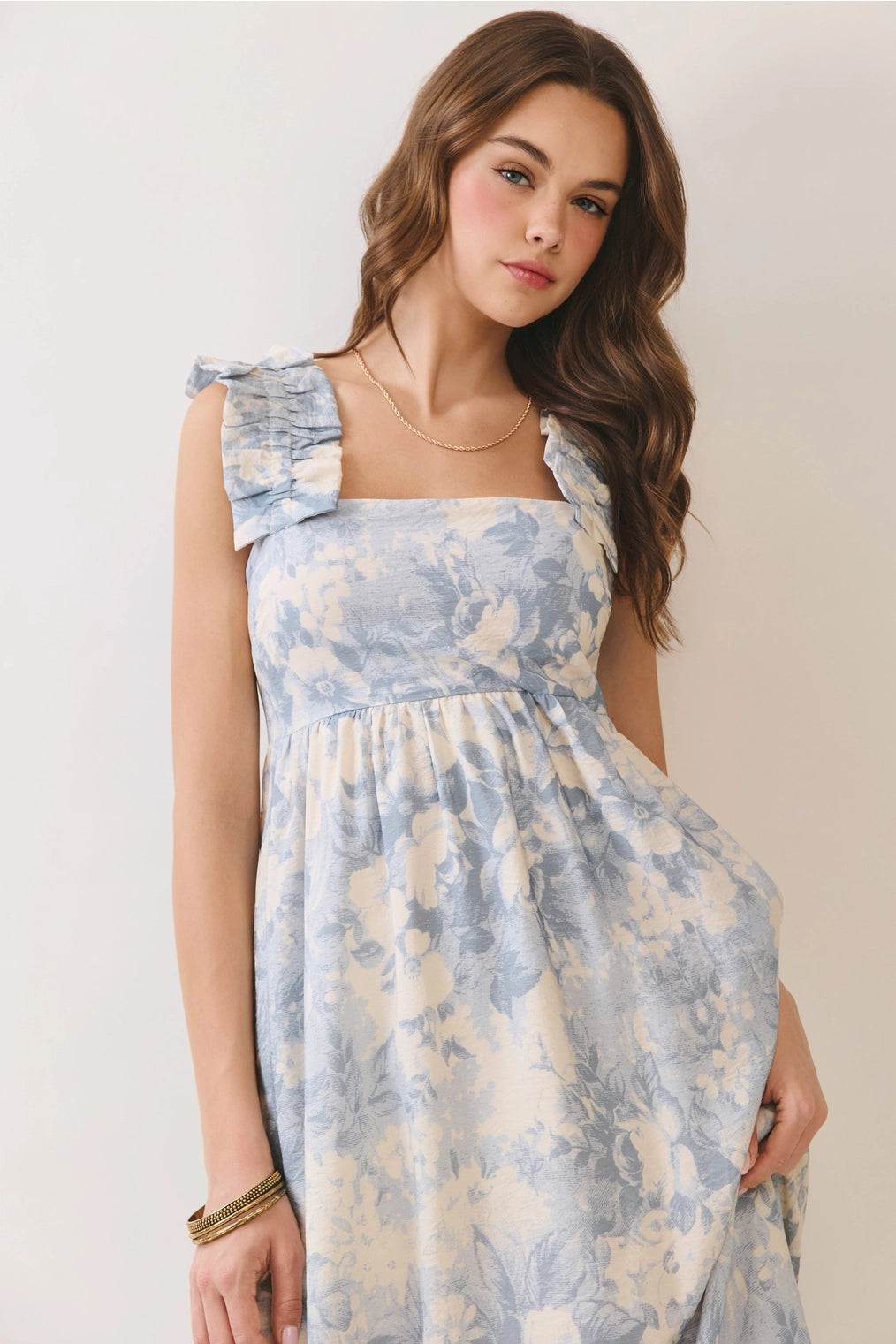 Jules Ruffled Strap Midi with Square Neckline and Back Smocking Detail