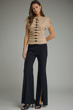 Soft Taupe Cap Sleeve Top With Button Down Cinch Detail