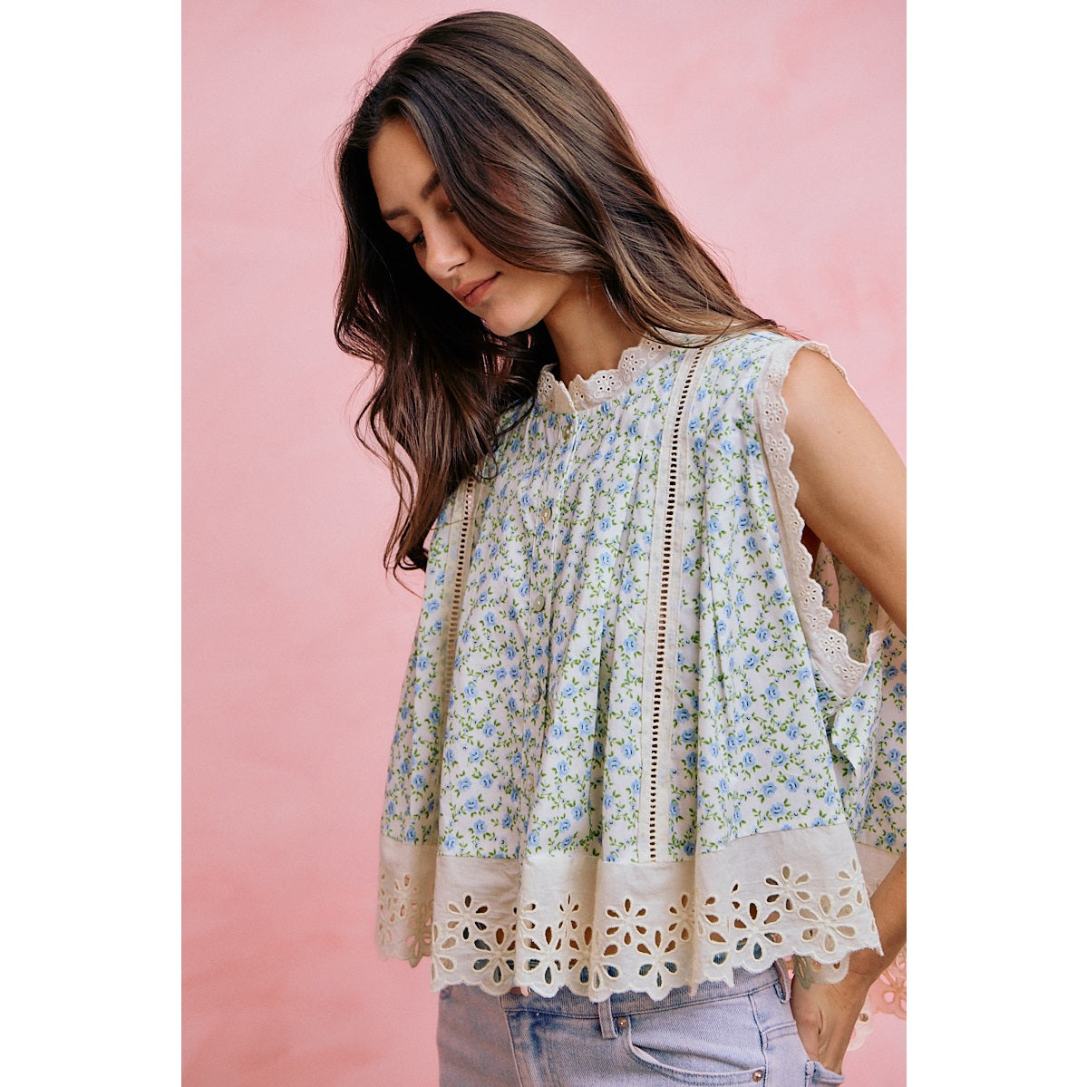 Vierra Floral Print Woven Button Down Trimmed Blouse Top