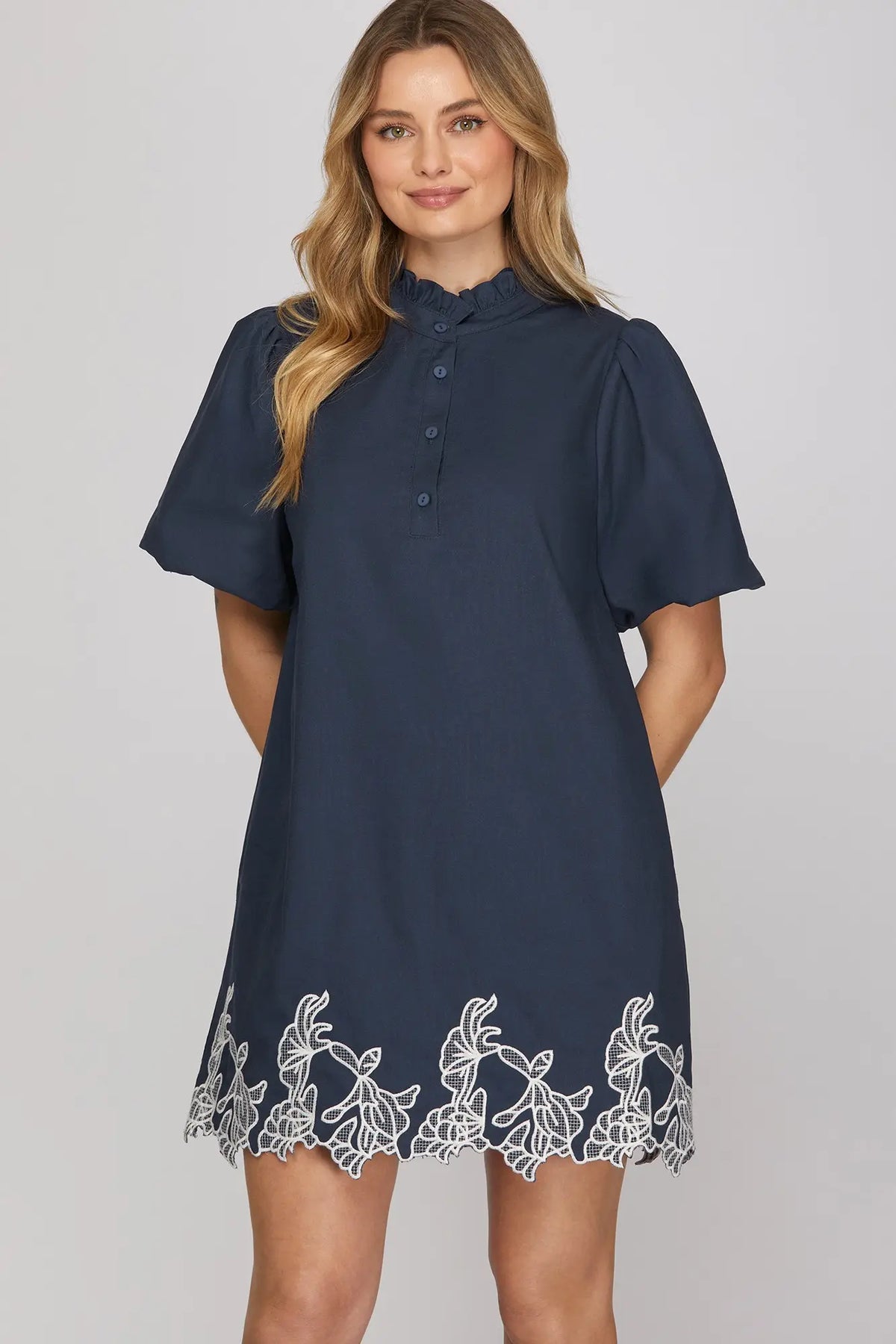 Tucker Navy Shift Dress with Embroidered Hemline