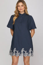 Tucker Navy Shift Dress with Embroidered Hemline