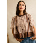 Gingham Check Lace Trim Flutter Sleeves Blouse Top- Brown