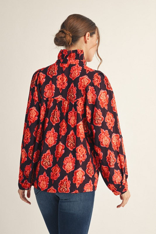 Eggplant Ruffle Split High Neck Damask Top