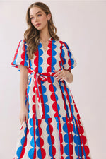 Tyra Scallop Print Self Tie Waist Tiered Midi Dress