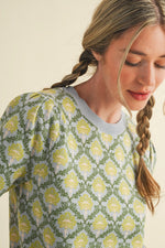 Light Blue/Sage Floral Pattern Short Sleeve Sweater