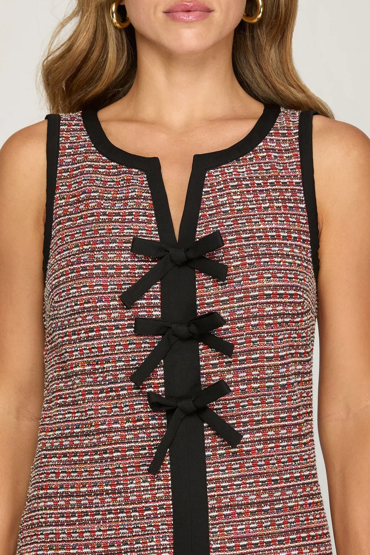 RED SLEEVELESS TWEED DRESS WITH BLACK BOW DETAIL