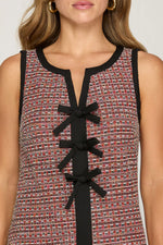 RED SLEEVELESS TWEED DRESS WITH BLACK BOW DETAIL