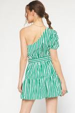ONE SHOULDER GREEN PIN STRIPE BELTED MINI