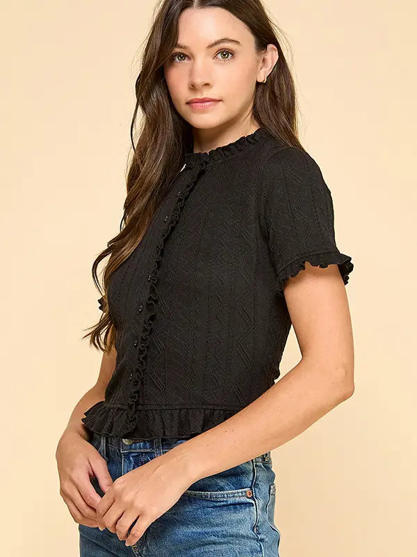 Parker Cable Knit Button Down Top- Black