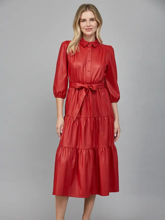 RED FAUX LEATHER TIERED MIDI DRESS by FATE To The Nines RED FAUX LEATHER TIERED MIDI DRESS by FATE To The Nines