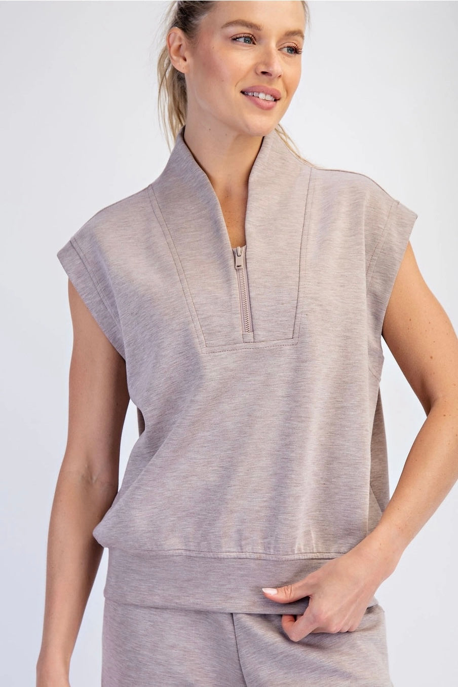 Heather Taupe Butter Soft Lux V Neck Zip Top and Straight Leg Pant SET by Rae Mode