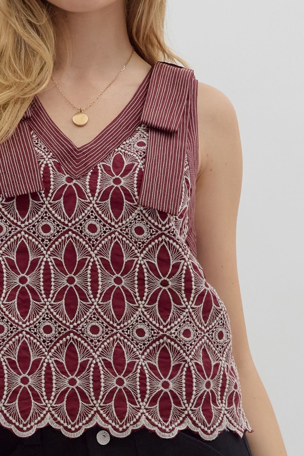 Maroon Floral Motif Embroidered V-neck Top featuring Exposed Stitch Detail Bow Shoulder Strap.
