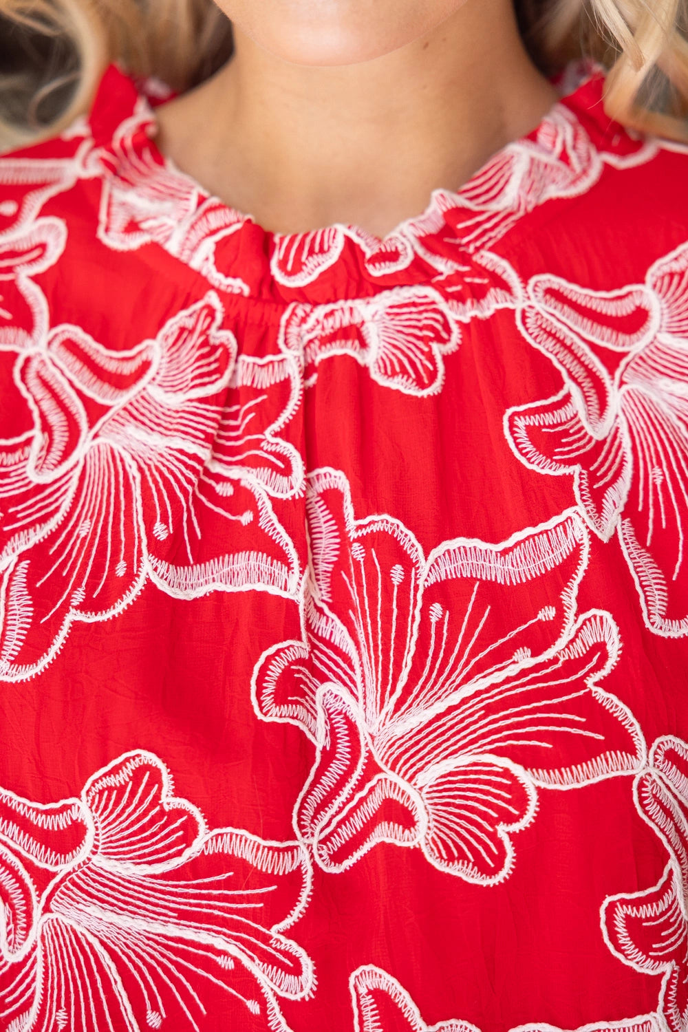 Maya Ruffled Round NeckFloral Embroidered Top- Red