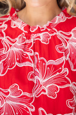 Maya Ruffled Round NeckFloral Embroidered Top- Red