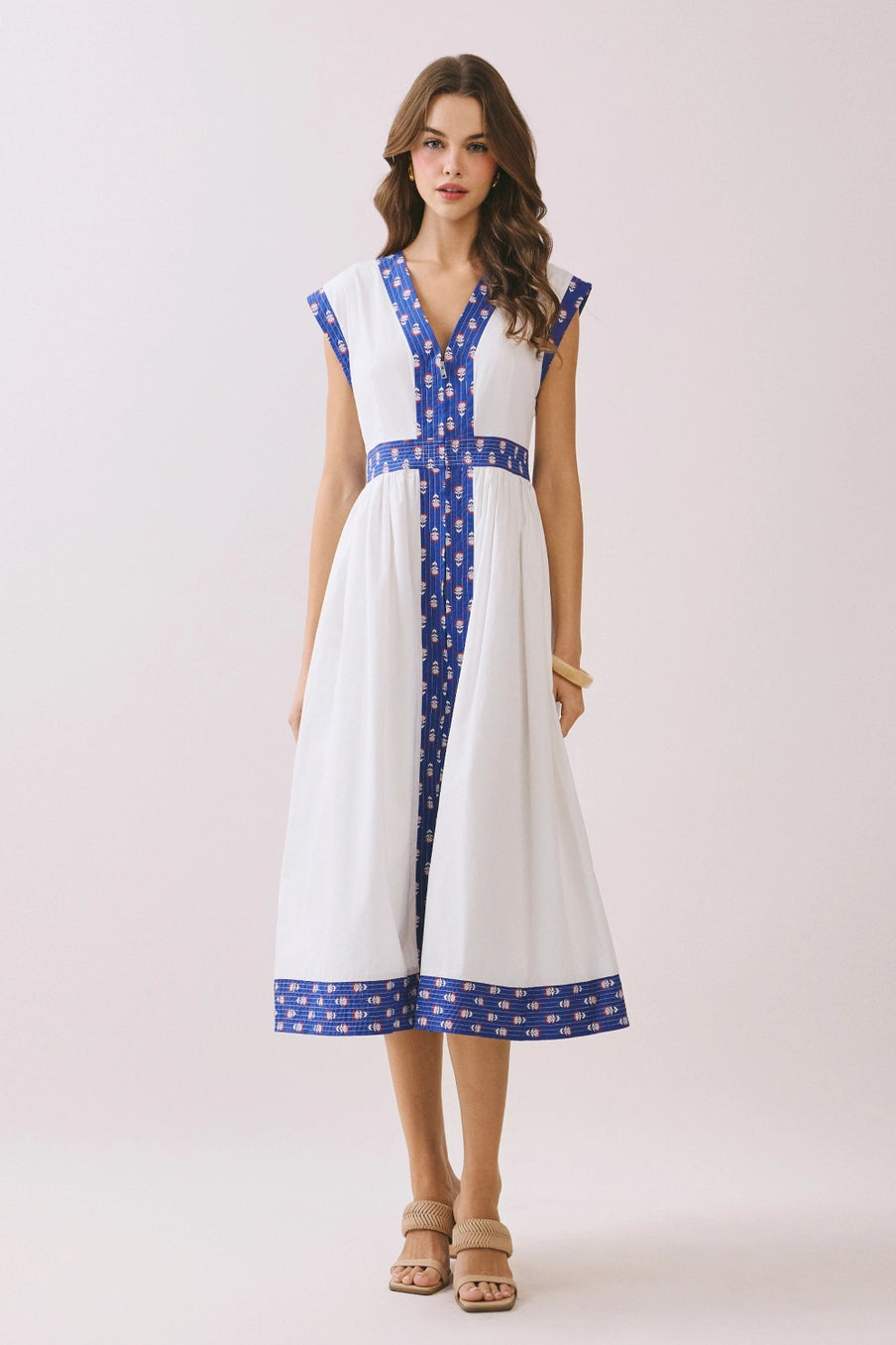 Scarlett Contrast Printed Trim Detail V Neck Midi Dress- White with Red/Blue