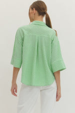 Piper Gingham 3/4 Sleeve Top with Hidden Button Placket - Mint￼