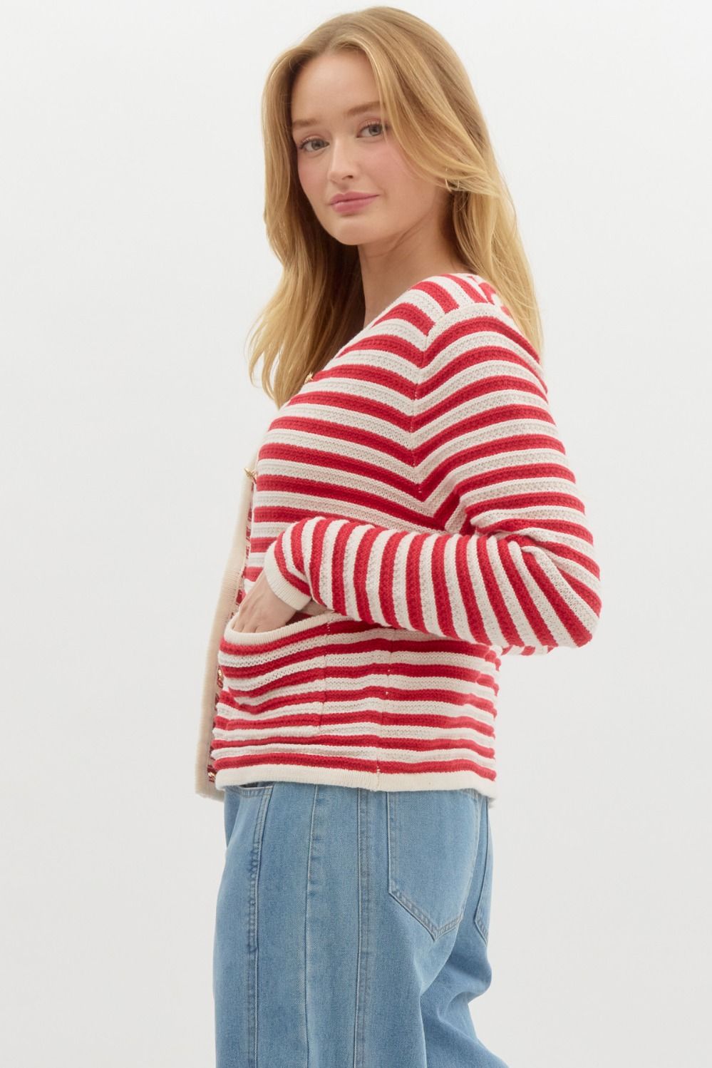 Red Striped Textured Cardigan with Gold Buttons and Front Pocket