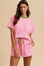 Matcha/Candy Pink Striped Knit Too and Shorts SET