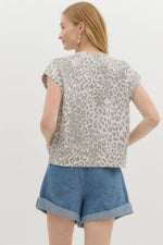 Gray Leopard Print Jersey Knit Pullover Top with Studded Shoulder Detail
