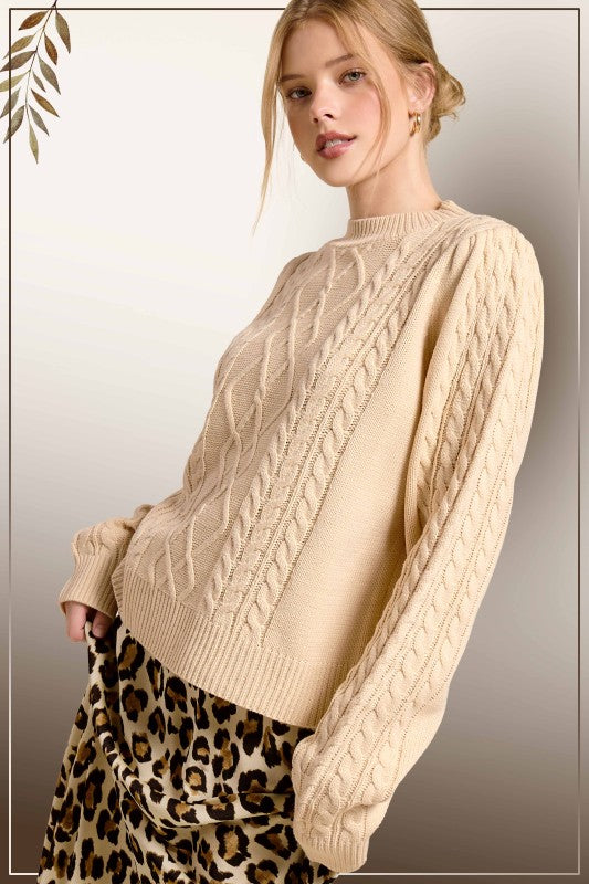 Soft Crew Neck Cable Knit Sweater- Soy Latte