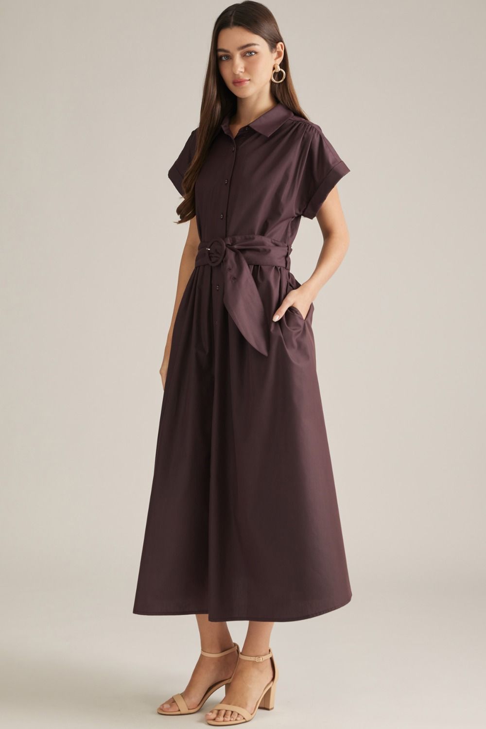 Lexie Button Down Midi Shirt Dress with Belted Waist- Chocolate