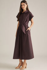 Lexie Button Down Midi Shirt Dress with Belted Waist- Chocolate