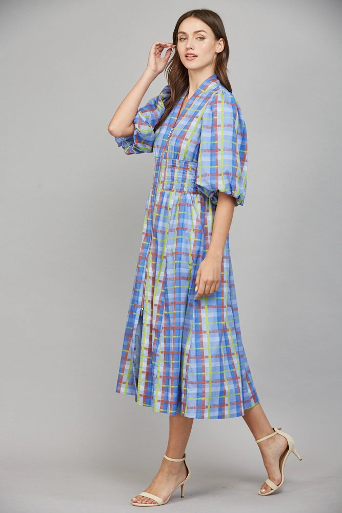 Periwinkle Olive Plaid Midi Dress featuring Zip Front and Side Pockets by FATE